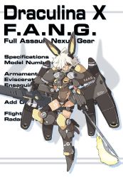Rule 34 | 1girl, :&lt;, ahoge, armor, axe, battle axe, boots, brown footwear, brown leotard, cannon, character name, closed mouth, commentary, draculina (vins-mousseux), energy weapon, english commentary, finger on trigger, gun, hair over one eye, high heel boots, high heels, highres, holding, holding gun, holding weapon, jet engine, leotard, looking at viewer, mecha musume, mechanical ears, mechanical wings, one eye covered, orange eyes, original, pauldrons, short hair, shoulder armor, solo, vins-mousseux, weapon, white hair, wings