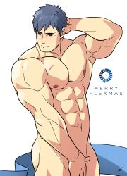 Rule 34 | 1boy, abs, arm behind back, bara, biceps, blue hair, blush, completely nude, covering privates, covering crotch, embarrassed, fire emblem, ike (fire emblem), large pectorals, male focus, muscular, muscular male, navel, nintendo, nipples, nude, pectorals, short hair, solo, stomach, zephleit