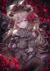 Rule 34 | 1girl, absurdres, animal ears, armchair, bare shoulders, bear ears, black dress, black pantyhose, blush, bow, chair, clothing cutout, dress, flower, food, fruit, hair bow, hair flower, hair ornament, highres, holding, holding stuffed toy, light brown hair, long hair, looking at viewer, mole, mole under eye, original, pantyhose, pink eyes, pout, red flower, red rose, rose, shoulder cutout, sitting, solo, strawberry, stuffed animal, stuffed toy, teddy bear, teddy bear hair ornament, tito (osakanakana0 0), wavy hair