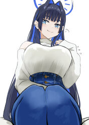 Rule 34 | 1girl, bare shoulders, black hair, blue eyes, blue hair, blue pants, breasts, closed mouth, colored inner hair, commentary, detached sleeves, ear piercing, english commentary, facing viewer, halo, hand on own chest, hand up, high-waist pants, highres, hololive, hololive english, large breasts, long hair, long sleeves, looking ahead, looking down, multicolored hair, ouro kronii, pants, piercing, redi (rasec asdjh), simple background, sitting, sleeves past wrists, smile, solo, sweater, sweater tucked in, very long hair, virtual youtuber, white background, white sweater
