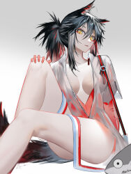 Rule 34 | 1girl, absurdres, animal ears, arknights, artist name, black hair, breasts, feet out of frame, grey background, hair between eyes, highres, jacket, knee up, large breasts, long legs, looking at viewer, mackia, multicolored hair, one-piece swimsuit, ponytail, red hair, red one-piece swimsuit, sidelocks, simple background, solo, streaked hair, swimsuit, tail, texas (arknights), white jacket, wolf ears, wolf girl, wolf tail, yellow eyes