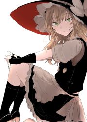 Rule 34 | 1girl, apron, black footwear, black gloves, black hat, black nails, black skirt, black socks, black vest, blonde hair, bow, braid, closed mouth, fingerless gloves, fingernails, from side, gloves, green eyes, grey apron, hat, hat bow, invisible chair, kirisame marisa, long hair, looking at viewer, looking to the side, nail polish, necro (nekurodayo), puffy short sleeves, puffy sleeves, shoes, short sleeves, side braid, simple background, sitting, skirt, socks, solo, touhou, vest, waist apron, white background, white bow, witch hat