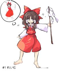 Rule 34 | 1girl, ?, barefoot, bow, brown eyes, brown hair, closed mouth, commentary, detached sleeves, dress, fangs, frilled dress, frills, full body, hair bow, hair tubes, hakurei reimu, highres, holding, holding stick, long sleeves, medium hair, primsla, red bow, red dress, reference inset, simple background, smile, solo, sparkle, speech bubble, stick, touhou, translated, white background, white sleeves, zun (artist)