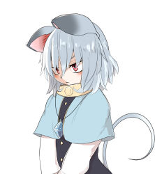 Rule 34 | 1girl, animal ears, bakuha, black dress, buttons, capelet, dress, floppy ears, grey hair, head down, highres, jewelry, long sleeves, medium hair, mouse ears, mouse tail, nazrin, pendant, shirt, simple background, solo, tail, touhou, upper body, white background, white shirt