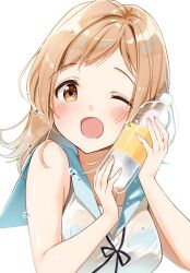 Rule 34 | 1girl, bare shoulders, black bow, black bowtie, blue bra, blue sailor collar, blurry, blush, bottle, bow, bowtie, bra, bra visible through clothes, breasts, brown eyes, depth of field, dot nose, hands up, highres, holding, holding bottle, idolmaster, idolmaster shiny colors, idolmaster shiny colors song for prism, kinako (shiratama mochi), large breasts, light brown hair, looking at viewer, medium hair, one eye closed, open mouth, sailor collar, sakuragi mano, shirt, simple background, sleeveless, sleeveless shirt, smile, solo, underwear, upper body, water drop, wet, wet clothes, wet shirt, white background, white shirt