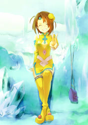 Rule 34 | 1girl, bag, boots, breasts, brown hair, circlet, closed mouth, crystal, closed eyes, full body, grin, hair bobbles, hair ornament, handbag, leaning, misoshiru utoma, norma beatty, short hair, small breasts, smile, solo, tales of (series), tales of legendia, thigh boots, thighhighs, v, yellow thighhighs
