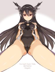Rule 34 | 10s, 1girl, adapted costume, bare shoulders, black gloves, black hair, brown eyes, cameltoe, competition swimsuit, elbow gloves, foreshortening, gloves, hair between eyes, headgear, highleg, highleg swimsuit, highres, kantai collection, kikumon, long hair, looking at viewer, nagato (kancolle), ohta yuichi, one-piece swimsuit, shiny skin, sitting, solo, swimsuit, thighs, very long hair