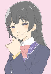 Rule 34 | 1girl, absurdres, bad id, bad twitter id, black hair, blue jacket, blunt bangs, bow, bowtie, braid, collared shirt, donguri suzume, french braid, hair ornament, hairclip, half-closed eyes, hand up, highres, jacket, looking at viewer, nijisanji, pink background, purple eyes, red bow, red bowtie, school uniform, shirt, simple background, smirk, solo, tsukino mito, tsukino mito (1st costume), upper body, virtual youtuber, white shirt, wing collar
