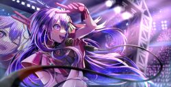 Rule 34 | 1girl, absurdres, commentary request, concert, gloves, hair ribbon, higanno raika, highres, hoshino ai (oshi no ko), idol, idol clothes, long hair, microphone, one eye closed, open mouth, oshi no ko, pink gloves, purple eyes, purple hair, ribbon, screen, spotlight, star-shaped pupils, star (symbol), symbol-shaped pupils, v