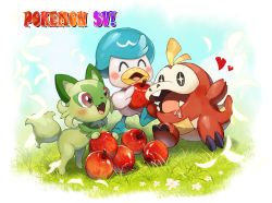 Rule 34 | + +, :d, ^ ^, apple, blush, closed eyes, commentary request, copyright name, creatures (company), day, drooling, closed eyes, fangs, food, fruit, fuecoco, game freak, grass, heart, holding, holding food, holding fruit, natsutomoki, nintendo, open mouth, outdoors, pokemon, quaxly, red eyes, saliva, smile, sprigatito, starter pokemon trio, tongue