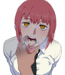 Rule 34 | 1boy, 1girl, chainsaw man, cum, cum in mouth, formal, looking at viewer, makima (chainsaw man), male hand, mantan, open mouth, pov, pov hands, red hair, solo focus, stray pubic hair, suit, tagme, teeth, tongue, upper body, uvula, white background
