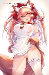 1girl :d animal_ears animal_hands apron artist_name bare_shoulders bell belt_collar bow breasts collar contrapposto covered_erect_nipples dot_nose double-parted_bangs fangs fate/grand_order fate_(series) fox_ears fox_girl fox_tail frilled_apron frills gradient_background groin hair_bow hair_ornament head_tilt highres jingle_bell legs_apart lifting_own_clothes light_particles liremi long_hair looking_at_viewer looking_down medium_breasts messy_hair no_bra open_mouth orange_eyes orange_hair panties patreon_username paw_print red_bow red_ribbon ribbon shadow short_apron signature simple_background single_thighhigh skin_fangs smile solo sparkle standing tail tamamo_(fate) tamamo_cat_(fate) thick_thighs thighhighs thighs underwear white_apron white_panties white_thighhighs