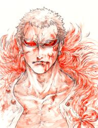 Rule 34 | 1boy, blonde hair, blood, blood on face, buttons, coat, donquixote doflamingo, earrings, eyes visible through eyewear, feather coat, injury, jewelry, looking at viewer, mawari28, one eye covered, one piece, open clothes, open shirt, orange-tinted eyewear, pink coat, portrait, shirt, short hair, tinted eyewear, upper body, white background, white shirt