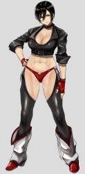 Rule 34 | 1girl, abs, anagumasan, angel (kof), angel (kof) (cosplay), belt collar, black hair, boots, bra, breasts, chaps, cleavage, collar, cosplay, cropped jacket, crossover, female focus, fingerless gloves, full body, gloves, hand on own hip, highres, large breasts, long sleeves, looking at viewer, midriff, mikasa ackerman, muscular, muscular female, panties, photoshop (medium), red panties, shingeki no kyojin, short hair, simple background, snk, solo, strapless, strapless bra, the king of fighters, thighhighs, underwear, white background