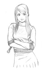 Rule 34 | absurdres, earrings, fullmetal alchemist, greyscale, highres, jewelry, long hair, monochrome, realistic, solo, sweater, umbil, winry rockbell, wrench