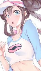 Rule 34 | 1girl, blue eyes, blush, breasts, brown hair, collarbone, cpqm, creatures (company), crop top, double bun, game freak, hair between eyes, hair bun, highres, long hair, long sleeves, looking at viewer, nintendo, open mouth, pokemon, pokemon bw2, raglan sleeves, rosa (pokemon), simple background, small breasts, solo, teeth, twintails, upper teeth only, visor cap, white background