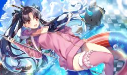 Rule 34 | 1girl, arrow (tamawo222), black hair, blue sky, blurry, checkered flag, cloud, cloudy sky, collarbone, cow, day, depth of field, earrings, fate/grand order, fate (series), flag, floating hair, fur-trimmed legwear, fur trim, holding, hoop earrings, horse, innertube, ishtar (fate), jewelry, long hair, looking at viewer, ocean, one-piece swimsuit, outdoors, parted bangs, pink thighhighs, red eyes, single thighhigh, sky, solo, sparkle, swim ring, swimsuit, thighhighs, thighs, tohsaka rin, two side up, white one-piece swimsuit