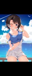 Rule 34 | absurdres, bird, black hair, blue eyes, blush, breasts, cloud, crop top, grey overalls, grin, handrail, highres, hololive, kuno (kc9s), medium breasts, messy hair, ocean, one eye closed, oozora subaru, overall shorts, overalls, seagull, short hair, sky, smile, virtual youtuber