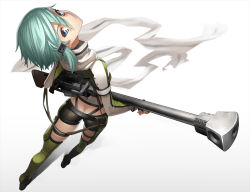 Rule 34 | 10s, 1girl, anti-materiel rifle, aqua hair, ass, blue eyes, bolt action, butt crack, carrying, colored eyelashes, fingerless gloves, foreshortening, from above, from behind, gloves, gradient background, gun, hair ornament, hairclip, long sleeves, looking at viewer, looking back, pgm hecate ii, rifle, scarf, shadow, short hair, short shorts, shorts, sinon, sniper rifle, solo, sword art online, tef, weapon
