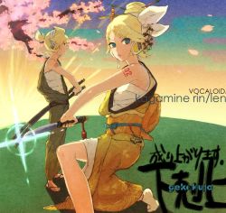 Rule 34 | 1boy, 1girl, arm tattoo, bad id, bad pixiv id, brother and sister, cherry blossoms, diffraction spikes, fighting stance, fortissimo, frown, gekokujou, gekokujou (vocaloid), glint, hair bun, hair ornament, japanese clothes, kagamine len, kagamine rin, knife, mitosa, musical note, musical note hair ornament, ready to draw, siblings, single hair bun, song name, standing, sun, sword, tabi, tattoo, tree, twins, vocaloid, weapon, white legwear