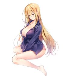 Rule 34 | 1girl, ass, bare legs, bare shoulders, barefoot, blonde hair, blouse, blue shirt, blush, breasts, brown eyes, cleavage, collared shirt, colored eyelashes, curvy, embarrassed, female focus, from side, full body, hair between eyes, half-closed eyes, highres, huge ass, invisible chair, isosaki iki (taimanin asagi battle arena), large breasts, long hair, no bra, no pants, panties, parted bangs, sakuranbo, school uniform, shirt, simple background, sitting, solo, taimanin (series), taimanin asagi kessen arena, underwear, weapon, white background