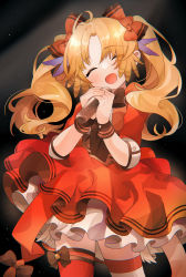 Rule 34 | 1girl, :d, ^ ^, absurdres, arknights, black background, blonde hair, blush, bow, closed eyes, commentary request, cowboy shot, dress, hair bow, head tilt, highres, holding, holding microphone, microphone, official alternate costume, open mouth, petticoat, pinecone (arknights), pinecone (sing a song) (arknights), red bow, red dress, smile, solo, standing, takumi mizuki, twintails