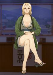 Rule 34 | 1girl, blonde hair, breasts, brown eyes, chunlieater, cleavage, crossed legs, expressionless, facial mark, forehead mark, frown, high heels, highres, japanese clothes, large breasts, long hair, nail polish, naruto, naruto (series), sitting, solo, tsunade (naruto)