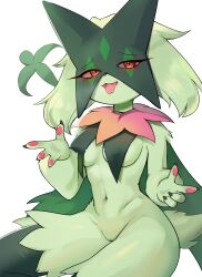 Rule 34 | 1girl, :3, animal hands, animal nose, blush, body fur, breasts, cat girl, claws, cleft of venus, covered erect nipples, creatures (company), drooling, fang, female focus, finger gun, floating, floating object, furry, furry female, game freak, green fur, green hair, half-closed eyes, hands up, happy, highres, looking at viewer, mbct01, medium breasts, meowscarada, navel, nintendo, open mouth, pawpads, pokemon, pokemon (creature), pussy, raised eyebrows, red eyes, saliva, short hair, simple background, smile, solo, stomach, tail, tongue, tongue out, two-tone fur, uncensored, white background