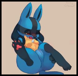 Rule 34 | 1girl, animal ears, animal hands, artist name, beige background, black border, blush, border, breasts, cleft of venus, creatures (company), feet, female focus, furry, furry female, game freak, gen 4 pokemon, half-closed eye, honey calamari, looking down, lucario, lying, navel, nintendo, no nipples, nude, on back, one eye closed, open mouth, pokemon, pokemon (creature), pokemon dppt, pussy, red eyes, signature, simple background, small breasts, solo, spread legs, tail, text focus, uncensored, wolf ears