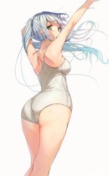 Rule 34 | 1girl, arms up, ass, blush, breasts, from behind, from below, green eyes, long hair, looking at viewer, looking back, medium breasts, one-piece swimsuit, open mouth, original, silver hair, simple background, solo, swimsuit, twintails, white background, white one-piece swimsuit, wingheart