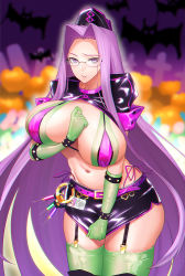 Rule 34 | 1girl, bat (animal), belt, bikini, black footwear, black hat, black skirt, blindfold, blush, boots, breasts, clothes pull, cosplay, cowboy shot, fate/grand order, fate/stay night, fate (series), female focus, florence nightingale (fate), florence nightingale (fate) (cosplay), florence nightingale (trick or treatment) (fate), florence nightingale (trick or treatment) (fate) (cosplay), garrison cap, garter straps, glasses, gloves, graveyard, green bikini, green gloves, green thighhighs, hair intakes, hand on own chest, hat, hip focus, id card, large breasts, layered bikini, long hair, looking at viewer, matching hair/eyes, medusa (fate), medusa (rider) (fate), microskirt, minami koyogi, name tag, navel, official alternate costume, pumpkin, purple belt, purple bikini, purple eyes, short sleeves, shrug (clothing), skirt, skirt pull, skirt tug, solo, square pupils, swimsuit, syringe, thigh boots, thighhighs, thighhighs under boots, thighs, very long hair, zettai ryouiki
