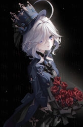 Rule 34 | 1girl, absurdres, ahoge, amaroku neko, ascot, black ascot, black background, blood, bloody tears, blue eyes, blue jacket, bouquet, closed mouth, flower, furina (genshin impact), genshin impact, hat, highres, holding, holding bouquet, jacket, long sleeves, red flower, red rose, rose, smile, solo, white hair