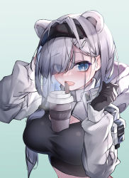 Rule 34 | 1girl, absurdres, animal ears, arknights, aurora (arknights), bear ears, black gloves, black hairband, blue background, blue eyes, blush, breasts, bubble tea challenge, cup, disposable cup, eyes visible through hair, gloves, gradient background, hair ornament, hair over one eye, hair over shoulder, hairband, hairclip, hands up, highres, hood, hood down, large breasts, long hair, long sleeves, looking at viewer, open mouth, qinshi-ji, saliva, shrug (clothing), silver hair, solo, sports bra, steaming body, tongue, tongue out, upper body