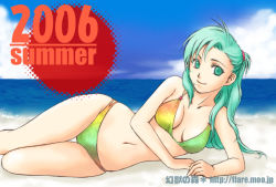 Rule 34 | 00s, 1990s (style), 1girl, 2006, beach, bikini, day, final fantasy, final fantasy iv, flare (artist), furea (genjuu no mori), green eyes, green hair, hip focus, long hair, lying, matching hair/eyes, multicolored bikini, multicolored clothes, ocean, aged up, on side, outdoors, retro artstyle, rydia (ff4), skindentation, smile, solo, swimsuit, thigh gap, thighs, wide hips