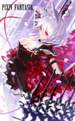 Rule 34 | 1girl, animal ears, arm up, black dress, breasts, chain, choker, cleavage, dress, fence, fox ears, frilled dress, frills, hair between eyes, highres, holding, holding weapon, kincora, large breasts, long hair, looking at viewer, petals, pixiv fantasia, pixiv fantasia t, red eyes, ribbon, short hair, short sleeves, sketch, solo, sword, weapon, white hair