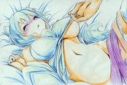 Rule 34 | 1girl, :&lt;, animal ears, bad id, bad pixiv id, blush, breasts, clothes lift, colored pencil (medium), detached sleeves, closed eyes, female focus, groin, highres, inubashiri momiji, kitazinger, large breasts, lying, navel, on back, shirt lift, skirt, solo, tail, thighhighs, touhou, traditional media, underboob, white hair, white thighhighs, wolf ears, wolf tail