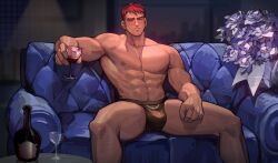 Rule 34 | 1boy, abs, bara, blush, bottle, briefs, brown male underwear, bulge, couch, crotch cutout, cup, drinking glass, feet out of frame, flower in pocket, formal, highres, large pectorals, looking at viewer, male focus, male underwear, mature male, muscular, muscular male, navel, navel hair, nipples, on couch, original, pectorals, peterhl, red hair, short hair, solo, spotlight, spread legs, suit, thick eyebrows, thick thighs, thighs, topless male, underwear, wine bottle, wine glass