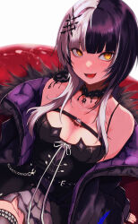 Rule 34 | 1girl, :d, absurdres, black choker, black hair, black nails, black shirt, blunt bangs, breasts, choker, cleavage, collarbone, fang, grey skirt, hair ornament, highres, hololive, hololive english, layered skirt, looking at viewer, medium breasts, miniskirt, multicolored hair, nail polish, open mouth, pleated skirt, shiori novella, shiori novella (1st costume), shirt, short hair with long locks, sitting, skin fang, skirt, sleeveless, sleeveless shirt, smile, solo, thigh gap, thighhighs, torn clothes, torn skirt, two-tone hair, virtual youtuber, white background, white hair, yellow eyes, yuu (primenumber7), zettai ryouiki