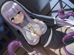 Rule 34 | 1girl, absurdres, black dress, blue eyes, blush, breasts, censored, cleavage, dress, grey hair, habit, highres, large breasts, long hair, long sleeves, looking at viewer, mosaic censoring, nun, original, sidelocks, slime (substance), solo, suiroh (shideoukami), tentacles, thighhighs, thighs