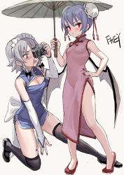 Rule 34 | 2girls, :o, @ @, alternate costume, artist name, bare arms, bare legs, bare shoulders, bat wings, black bow, black eyes, black footwear, black legwear, blood, blue dress, blue hair, blue nails, blush, bow, braid, breasts, bridal gauntlets, bun cover, camera, china dress, chinese clothes, chinese commentary, cleavage, commentary request, double bun, dress, fkey, full body, gloves, grey background, hair bow, hand on own hip, hand up, highres, holding, holding camera, holding umbrella, izayoi sakuya, looking at another, looking at viewer, maid headdress, mary janes, medium breasts, multiple girls, nail polish, nosebleed, oil-paper umbrella, one eye covered, open mouth, pink dress, red eyes, red footwear, red nails, remilia scarlet, shoes, short dress, side slit, signature, silver hair, simple background, small breasts, standing, thighhighs, thighs, touhou, twin braids, umbrella, v-shaped eyebrows, white gloves, wings