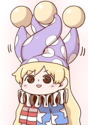 Rule 34 | 1girl, american flag dress, blonde hair, clownpiece, hat, jester cap, long hair, neck ruff, open mouth, poronegi, red eyes, short sleeves, solo, star (symbol), striped, touhou, very long hair