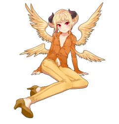 Rule 34 | 00s, 1girl, bad id, bad pixiv id, blonde hair, collarbone, dungeon and fighter, high heels, horns, long sleeves, mage (dungeon and fighter), multiple wings, mx2j, open clothes, open pants, open shirt, pants, pointy ears, red eyes, shirt, shoes, sitting, smile, solo, unbuttoned, wings, yokozuwari