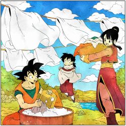 Rule 34 | 1girl, 2boys, :d, basket, black eyes, black hair, blue sky, blunt bangs, boots, border, bush, chi-chi (dragon ball), child, china dress, chinese clothes, closed mouth, clothesline, cloud, cloudy sky, collarbone, day, dot nose, dougi, dragon ball, dragonball z, dress, drying, drying clothes, family, fingernails, flying, grass, hair bun, highres, holding, holding basket, laundry basket, long sleeves, looking up, mountain, multiple boys, nature, open mouth, outdoors, river, rock, side slit, sidelocks, single hair bun, sitting, sky, smile, soap bubbles, son gohan, son goku, spiked hair, teeth, toritoki (trig tkdb), upper teeth only, washing, water, white border