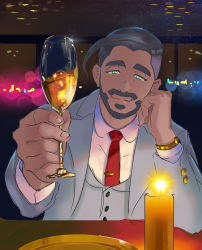 Rule 34 | 1boy, absurdres, black hair, business suit, buttons, candle, closed mouth, coat, collared shirt, commentary request, creatures (company), cup, facial hair, fingernails, formal, game freak, green eyes, grey vest, hand on own cheek, hand on own face, highres, holding, holding cup, looking at viewer, male focus, necktie, nintendo, overcoat, pokemon, pokemon swsh, red necktie, rose (pokemon), shirt, smile, solo, suit, tofu (tofulabo), vest, watch, white shirt, wristwatch