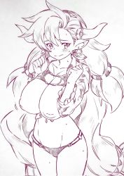Rule 34 | almeida (granblue fantasy), blush, breasts, character request, closed mouth, commentary, corrupted twitter file, draph, earrings, granblue fantasy, highres, horns, inverted nipples, jewelry, large breasts, long hair, looking at viewer, monochrome, navel, pointy ears, standing, sweat, thighs, traditional media, tsukareta san, very long hair