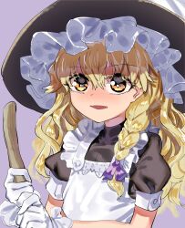 Rule 34 | 1girl, absurdres, apron, black dress, blonde hair, bow, braid, broom, dress, frills, gloves, gunnjou yosio, hat, highres, holding, holding broom, kirisame marisa, long hair, open mouth, purple bow, short sleeves, simple background, single braid, solo, touhou, white gloves, witch hat, yellow eyes
