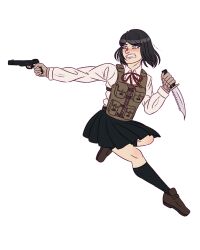 Rule 34 | 1girl, berrybagels, black footwear, black hair, blush, body freckles, bow, brown footwear, brown gloves, brown vest, calf socks, clenched teeth, collared shirt, combat vest, danganronpa: trigger happy havoc, danganronpa (series), dual wielding, female focus, freckles, freckles on legs, full body, gloves, grey eyes, gun, highres, holding, holding gun, holding knife, holding pistol, holding weapon, ikusaba mukuro, knife, leg up, long sleeves, looking to the side, bowtie, neck ribbon, one leg raised, open mouth, outstretched arm, pleated skirt, red bow, red ribbon, ribbon, shirt, simple background, skirt, solo, teeth, transparent background, vest, weapon, white shirt