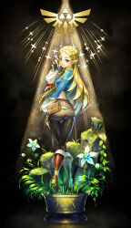 Rule 34 | 1girl, absurdres, ass, belt pouch, black pants, blonde hair, blue vest, fingerless gloves, frog, from behind, gloves, green eyes, hair ornament, hairclip, highres, light rays, long hair, looking back, nintendo, pants, plant, pointy ears, potted plant, pouch, princess zelda, princess zelda (botw), shinonome riko, silent princess, the legend of zelda, the legend of zelda: breath of the wild, tight clothes, tight pants, vest