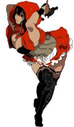 Rule 34 | 1girl, alternate costume, arms up, black bra, black eyes, black hair, blush, boots, bra, breasts, bulleta, bulleta (cosplay), capelet, cleavage, company connection, corset, cosplay, dark-skinned female, dark skin, fishnets, gun, handgun, hood, kinako (marubotan), large breasts, little red riding hood, little red riding hood (grimm), little red riding hood (grimm) (cosplay), resident evil, resident evil 5, revolver, sheva alomar, short hair, simple background, sketch, skirt, smile, solo, thigh boots, thighhighs, underwear, vampire (game), weapon, white background, wrist cuffs