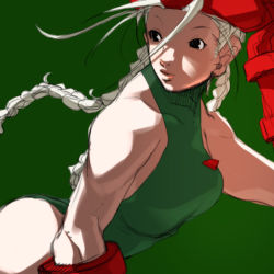 Rule 34 | 1girl, ahoge, arm up, armor, ass, bare shoulders, beret, black eyes, blonde hair, braid, breasts, cammy white, capcom, falcoon, floating hair, from side, gauntlets, green background, hair between eyes, halterneck, hand on headwear, hat, leaning forward, leotard, lips, long hair, looking afar, simple background, sketch, smile, solo, street fighter, toned, twin braids, upper body, white hair